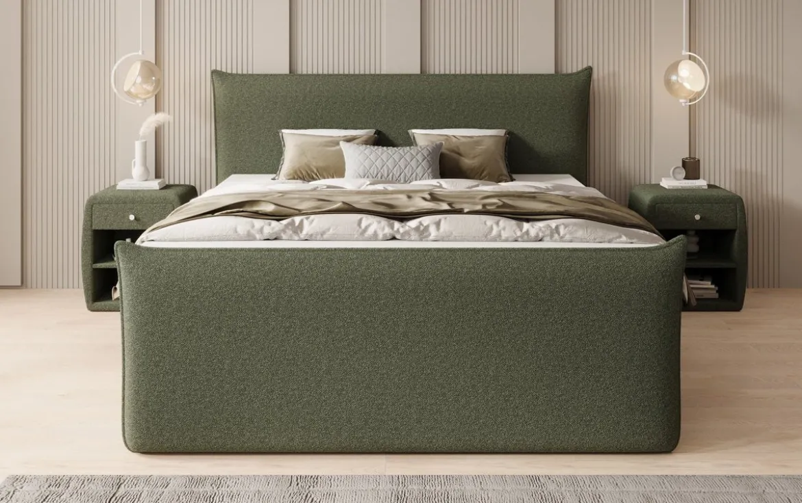 Boxspringbett Liana II mit hochklappbarem Stauraum in Teddy Bouclé