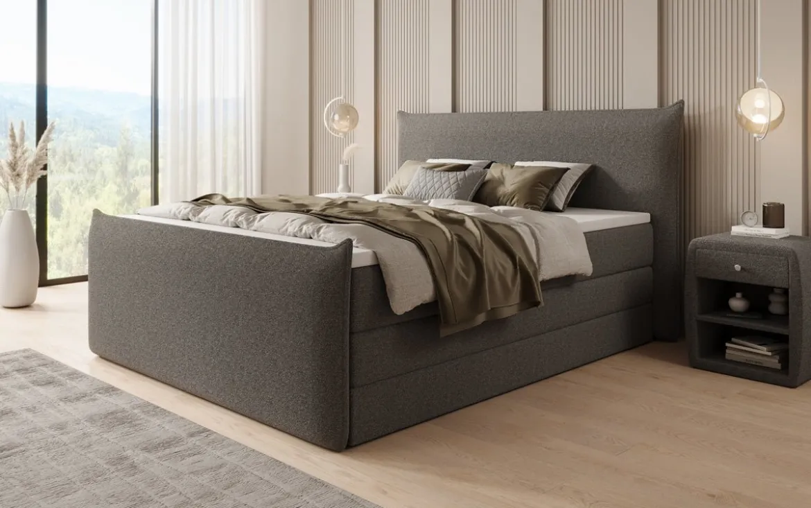 Boxspringbett Liana II mit hochklappbarem Stauraum in Teddy Bouclé