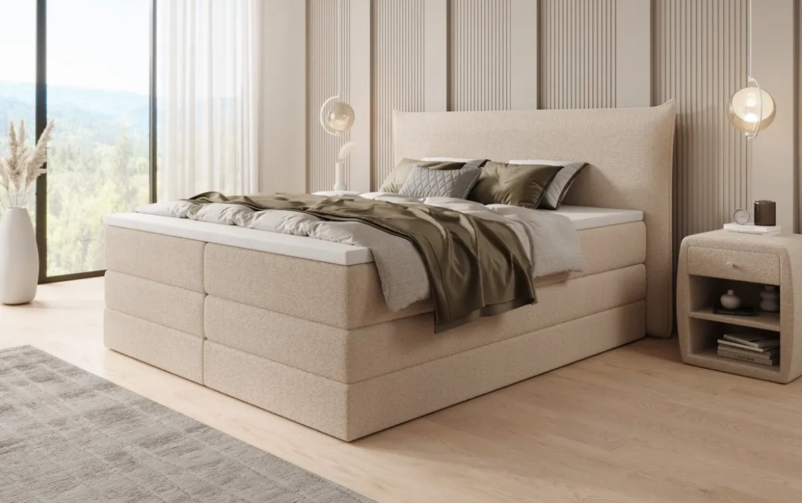 Boxspringbett Liana mit hochklappbarem Stauraum in Teddy Bouclé