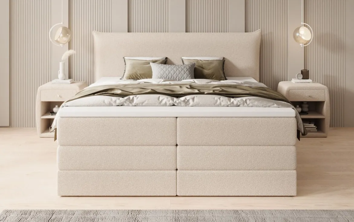 Boxspringbett Liana mit hochklappbarem Stauraum in Teddy Bouclé