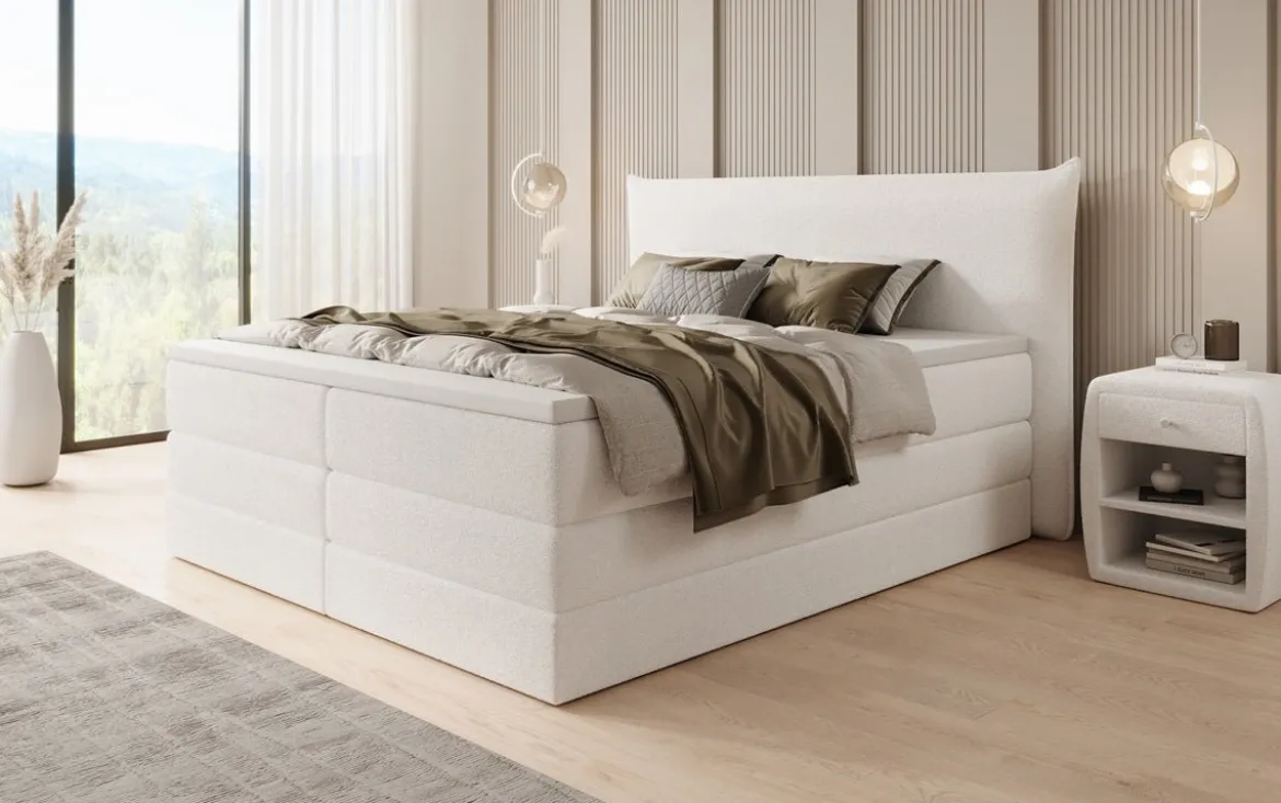 Boxspringbett Liana mit hochklappbarem Stauraum in Teddy Bouclé