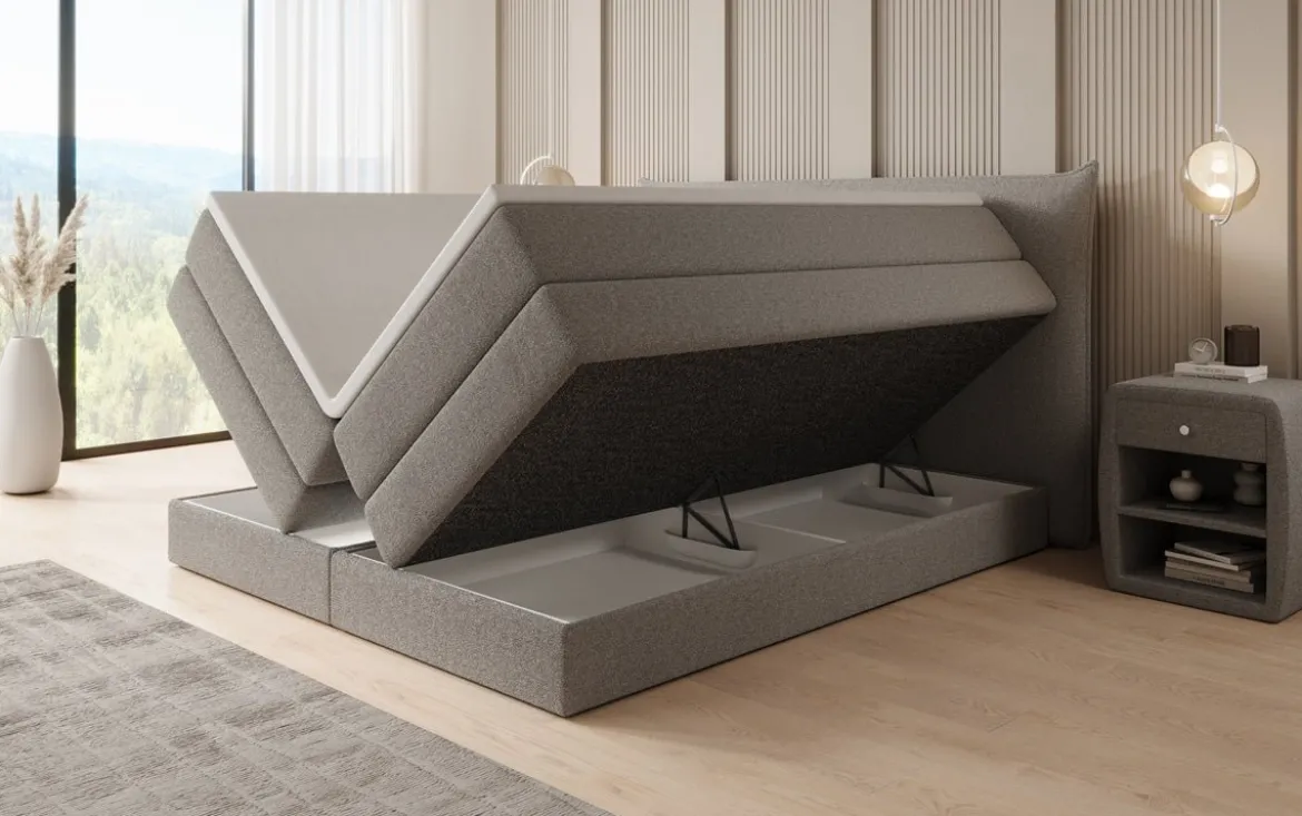 Boxspringbett Liana mit hochklappbarem Stauraum in Teddy Bouclé