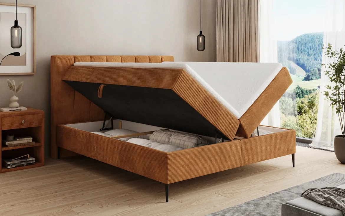 Boxspringbett Lucca in Cord mit Stauraum und Füßen