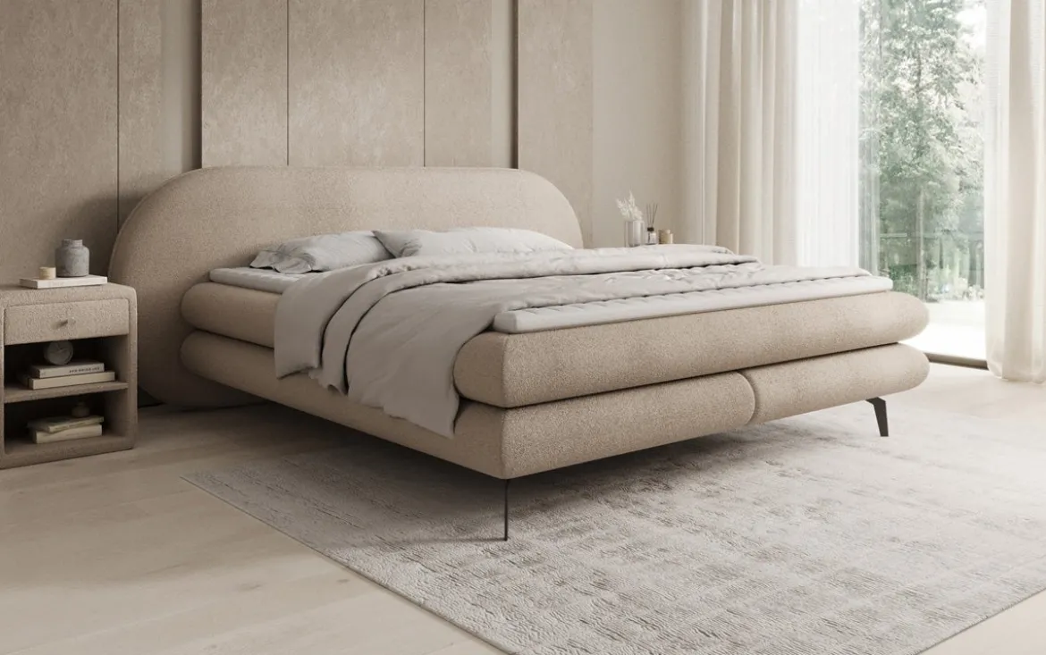 Boxspringbett Marisol mit ovalem Headboard in Bouclé