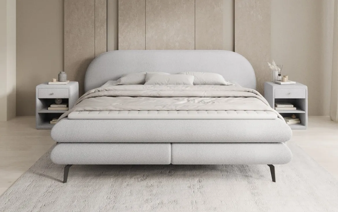 Boxspringbett Marisol mit ovalem Headboard in Bouclé