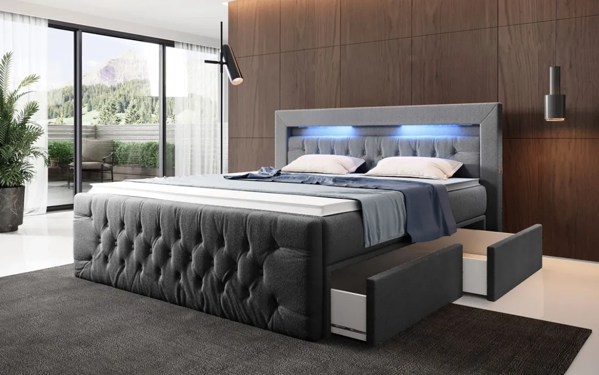 Boxspringbett Menzogna Bouclé mit LED und Stauraum (2 Schubladen)