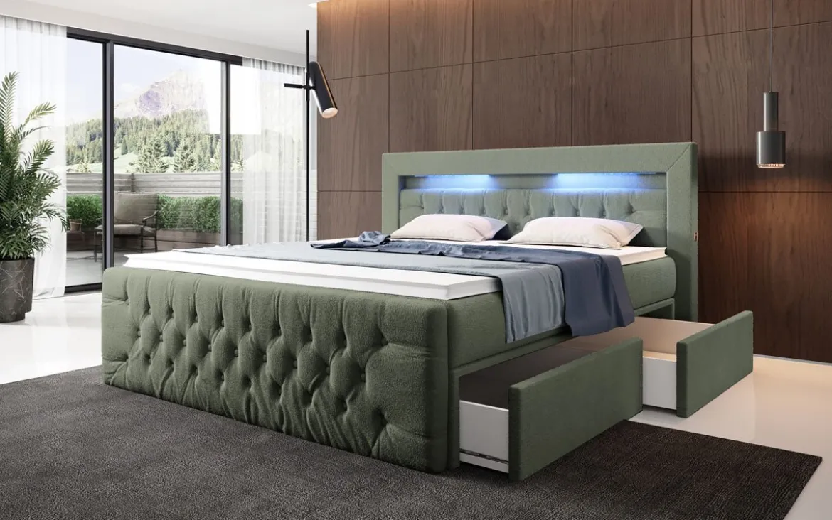Boxspringbett Menzogna Bouclé mit LED und Stauraum (2 Schubladen)