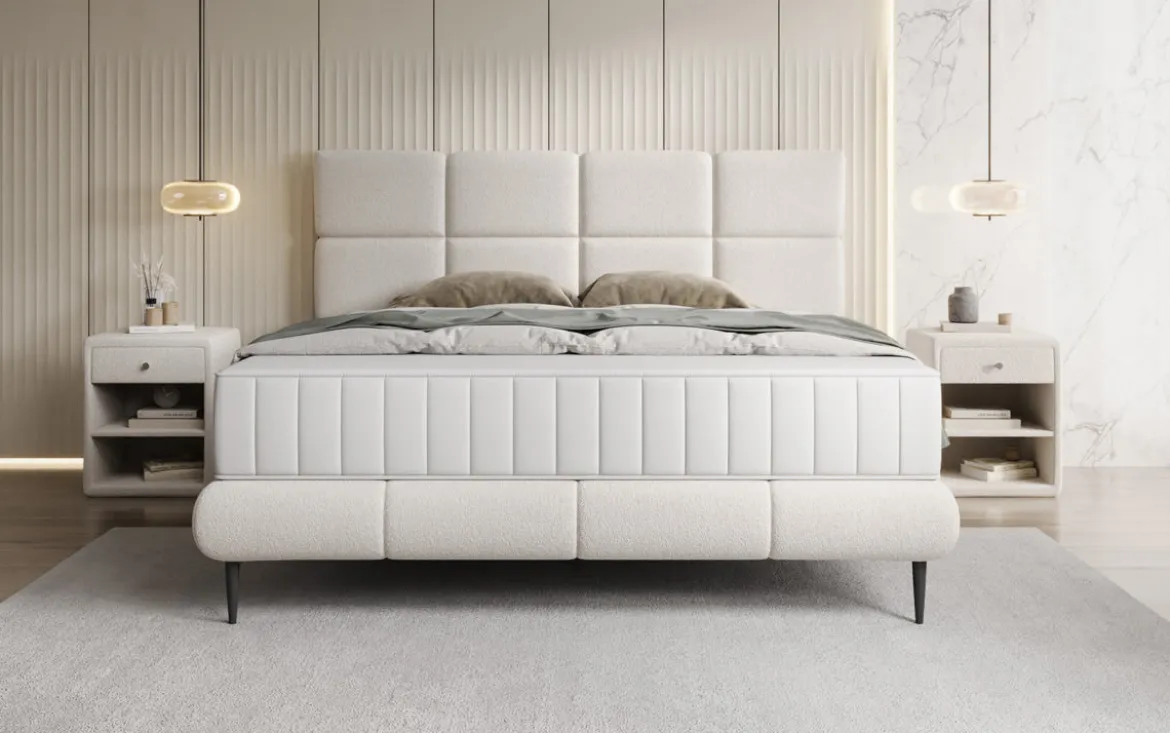 Boxspringbett Nessa mit hohen Füßen in Teddy Bouclé