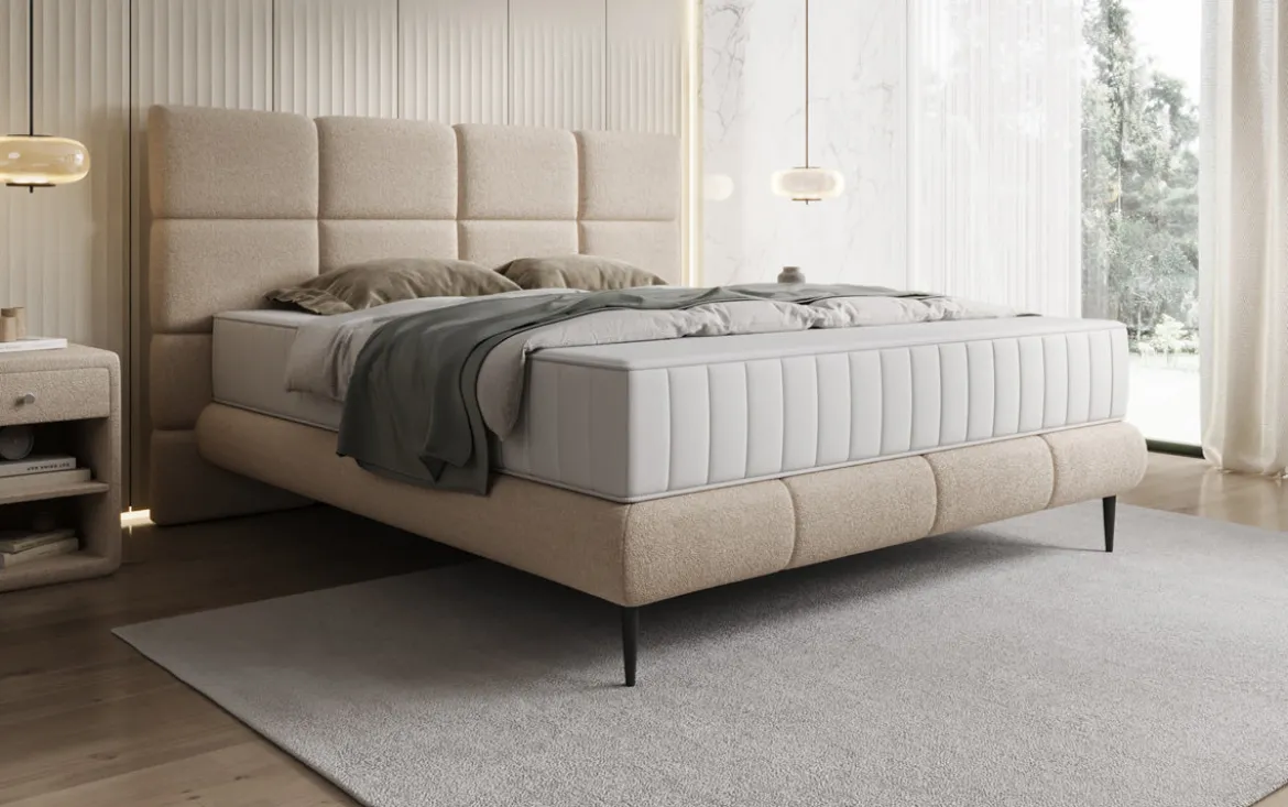 Boxspringbett Nessa mit hohen Füßen in Teddy Bouclé