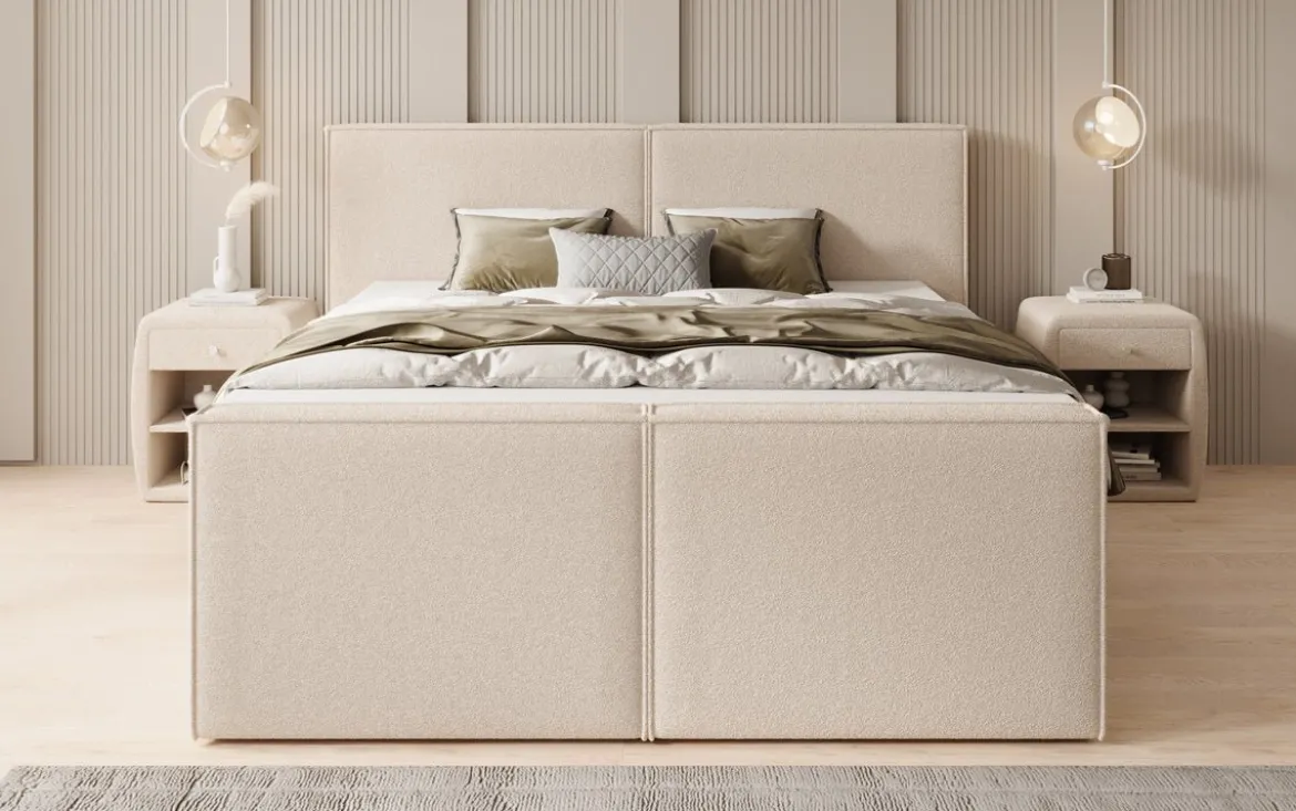 Boxspringbett Ophelia II mit hochklappbarem Stauraum in Teddy Bouclé