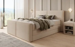 Boxspringbett Ophelia II mit hochklappbarem Stauraum in Teddy Bouclé