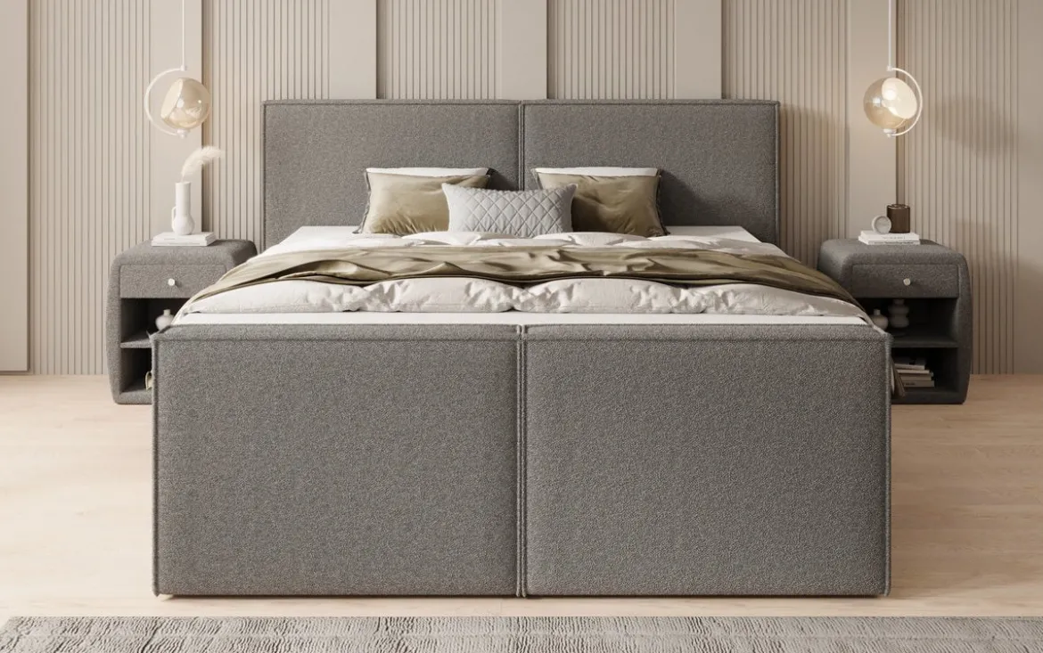 Boxspringbett Ophelia II mit hochklappbarem Stauraum in Teddy Bouclé