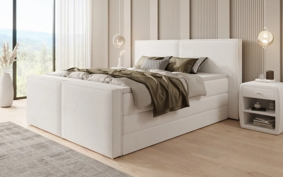 Boxspringbett Ophelia II mit hochklappbarem Stauraum in Teddy Bouclé