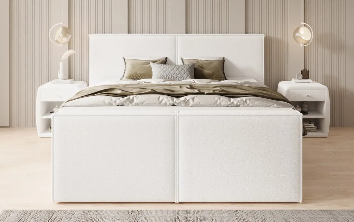 Boxspringbett Ophelia II mit hochklappbarem Stauraum in Teddy Bouclé