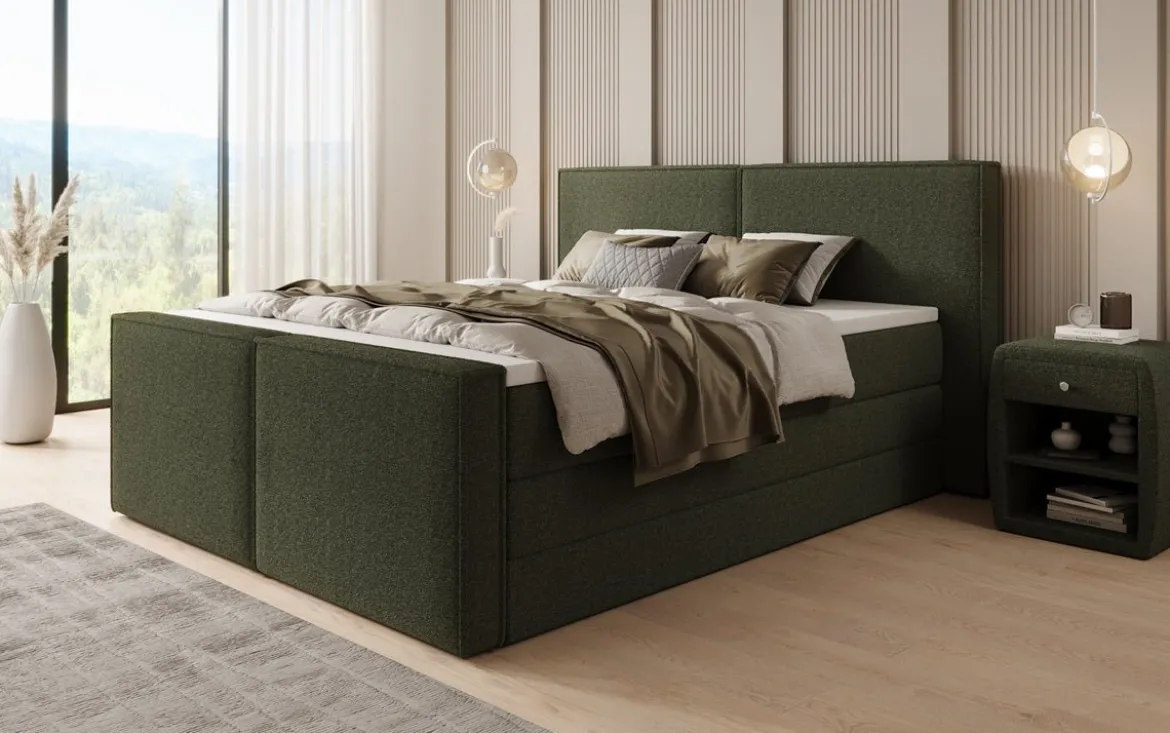 Boxspringbett Ophelia II mit hochklappbarem Stauraum in Teddy Bouclé