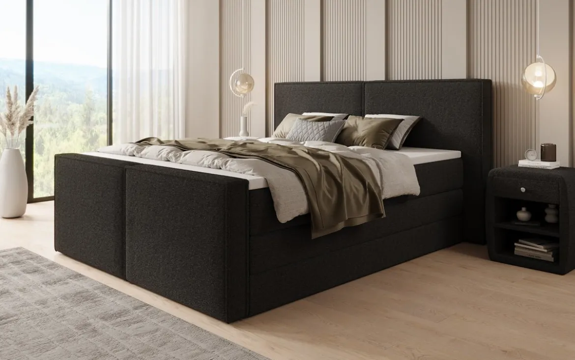 Boxspringbett Ophelia II mit hochklappbarem Stauraum in Teddy Bouclé