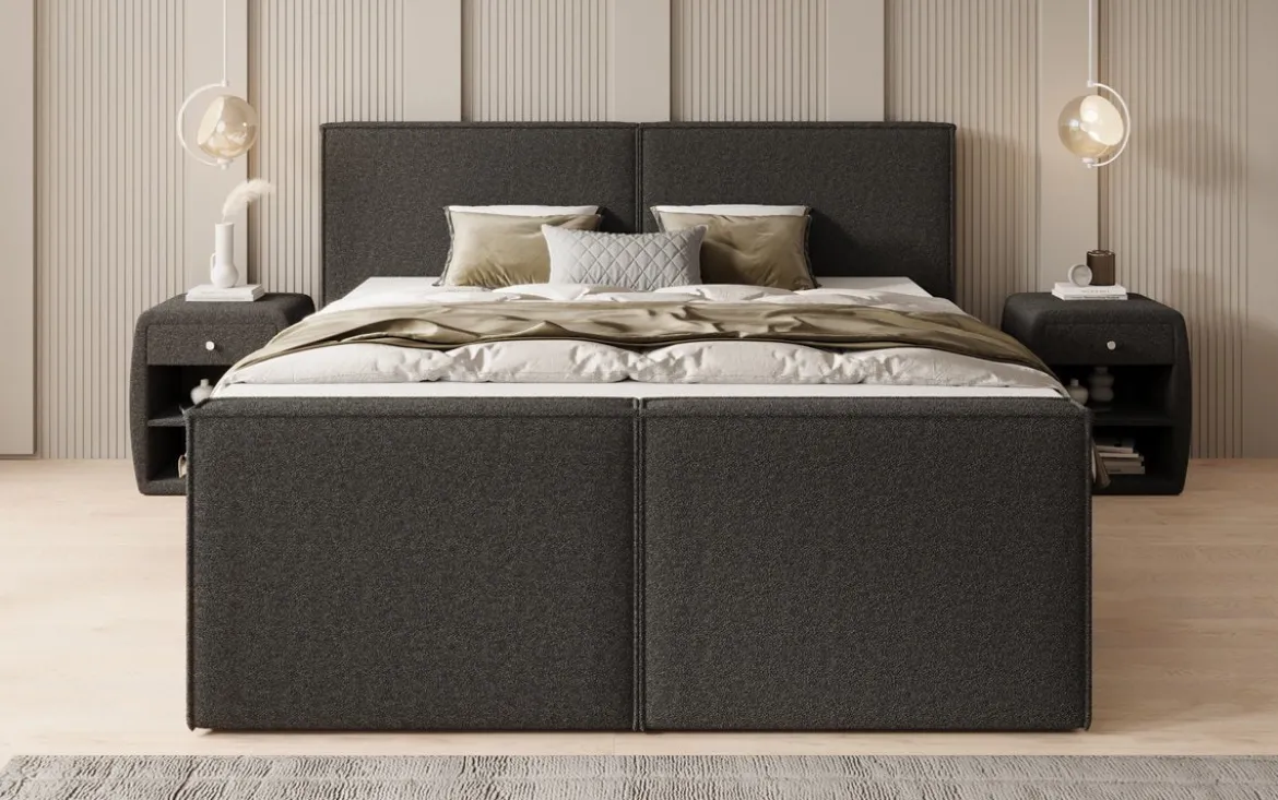 Boxspringbett Ophelia II mit hochklappbarem Stauraum in Teddy Bouclé