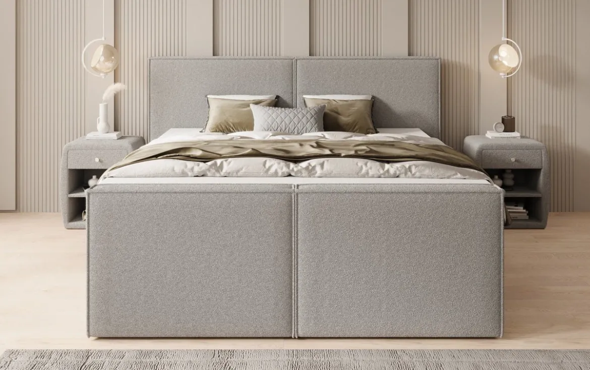 Boxspringbett Ophelia II mit hochklappbarem Stauraum in Teddy Bouclé