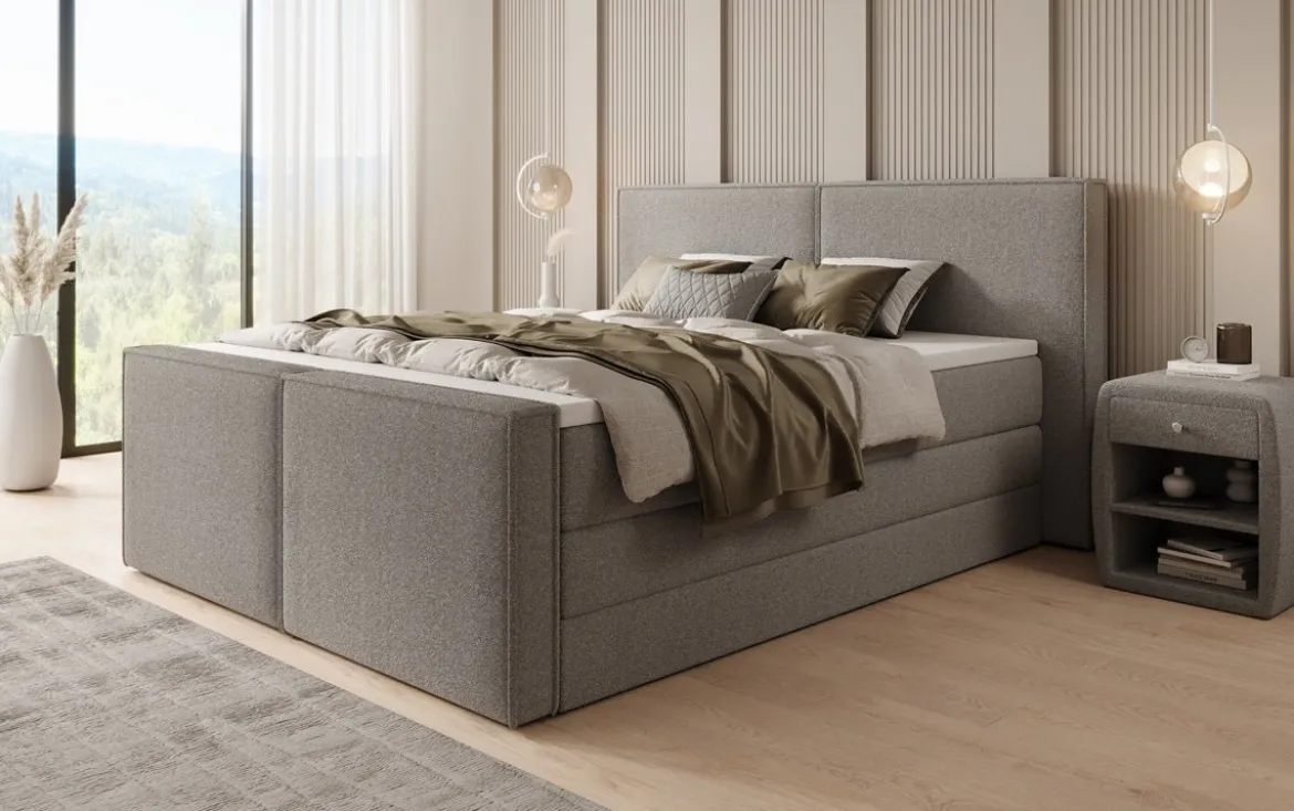 Boxspringbett Ophelia II mit hochklappbarem Stauraum in Teddy Bouclé