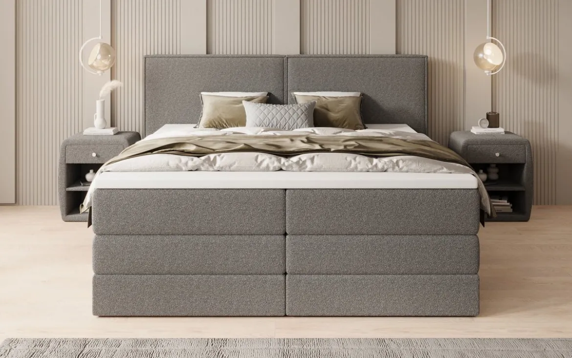 Boxspringbett Ophelia mit hochklappbarem Stauraum in Teddy Bouclé