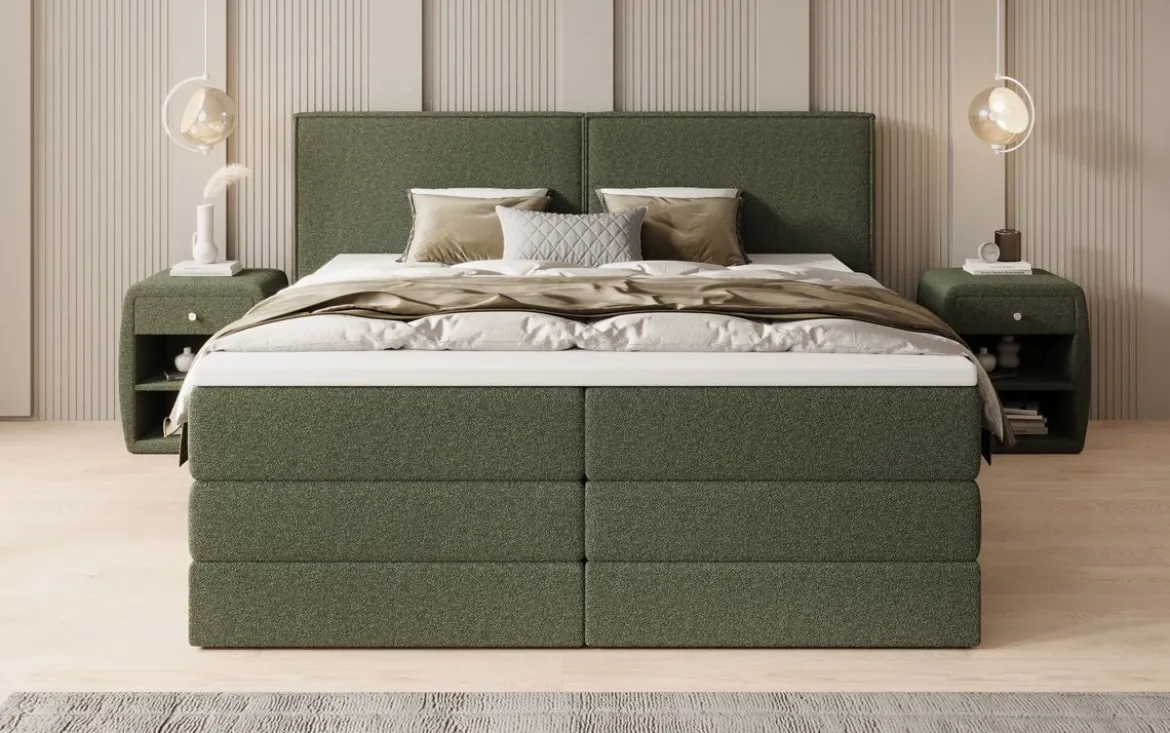 Boxspringbett Ophelia mit hochklappbarem Stauraum in Teddy Bouclé