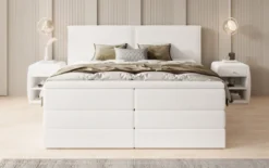 Boxspringbett Ophelia mit hochklappbarem Stauraum in Teddy Bouclé