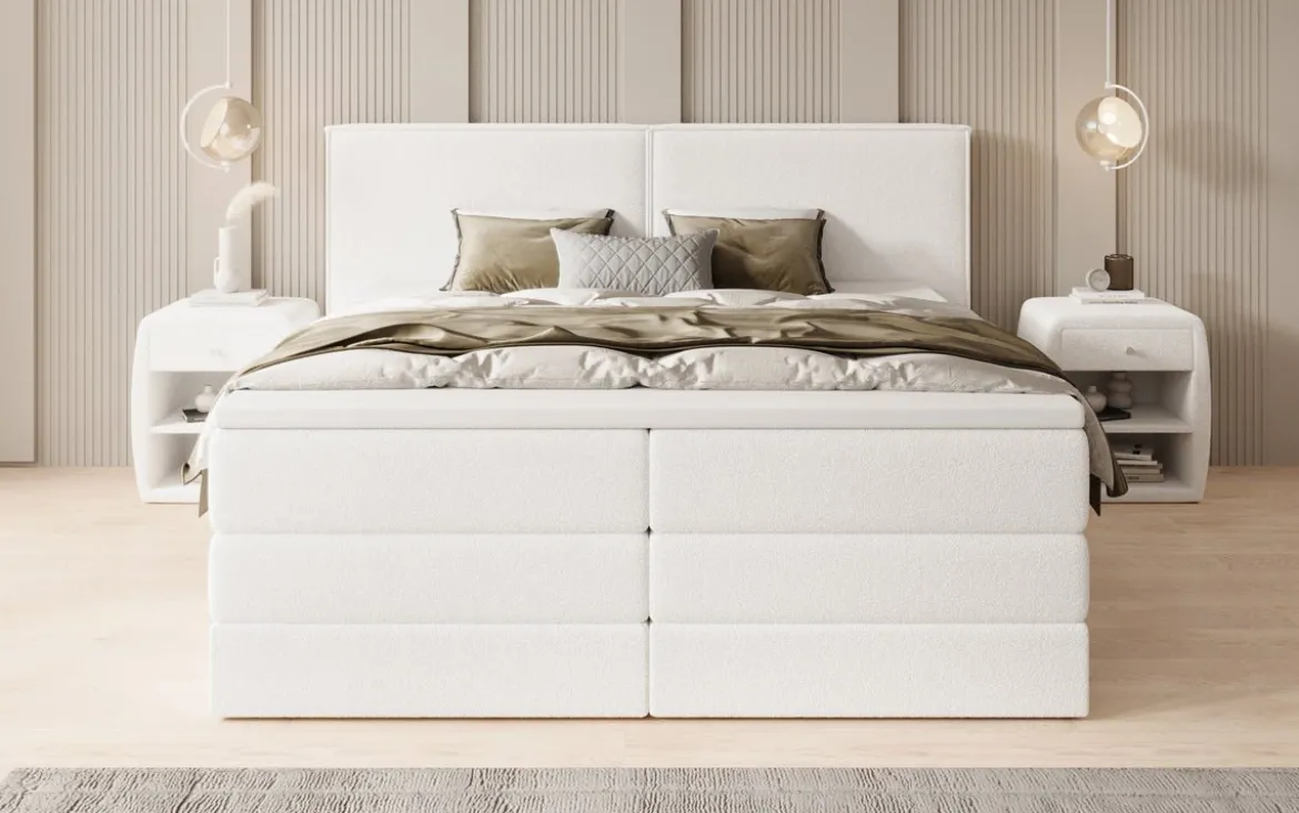 Boxspringbett Ophelia mit hochklappbarem Stauraum in Teddy Bouclé