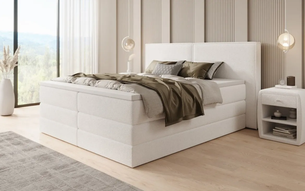 Boxspringbett Ophelia mit hochklappbarem Stauraum in Teddy Bouclé