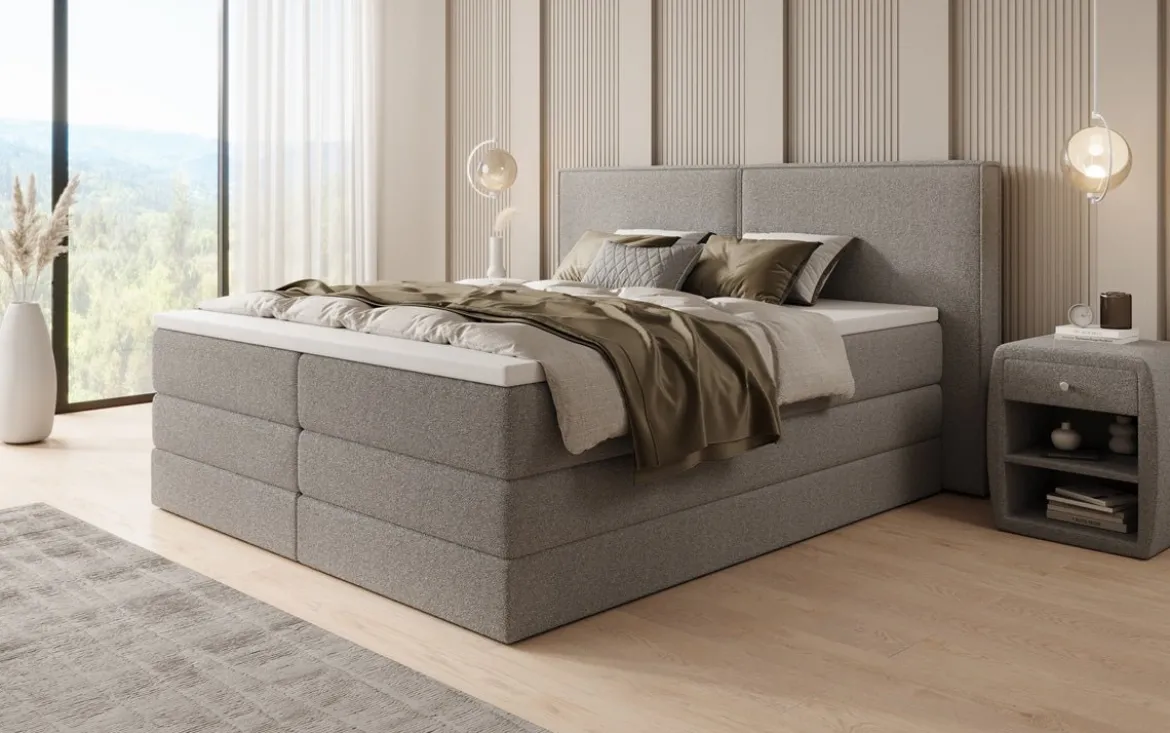 Boxspringbett Ophelia mit hochklappbarem Stauraum in Teddy Bouclé