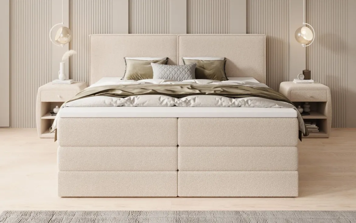 Boxspringbett Ophelia mit hochklappbarem Stauraum in Teddy Bouclé