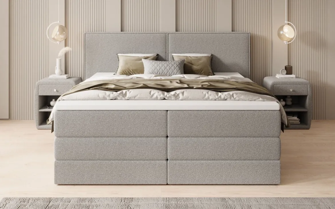 Boxspringbett Ophelia mit hochklappbarem Stauraum in Teddy Bouclé