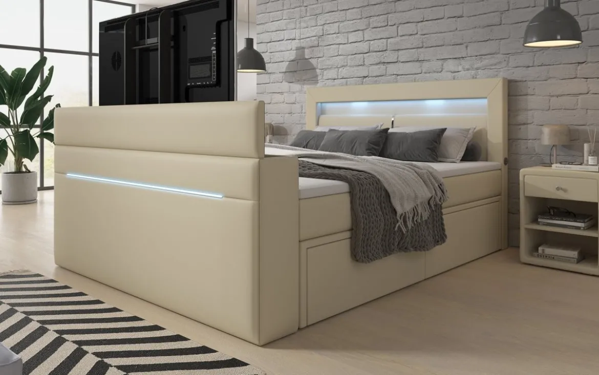 Boxspringbett Rinori mit TV Lift, USB, LED und Stauraum