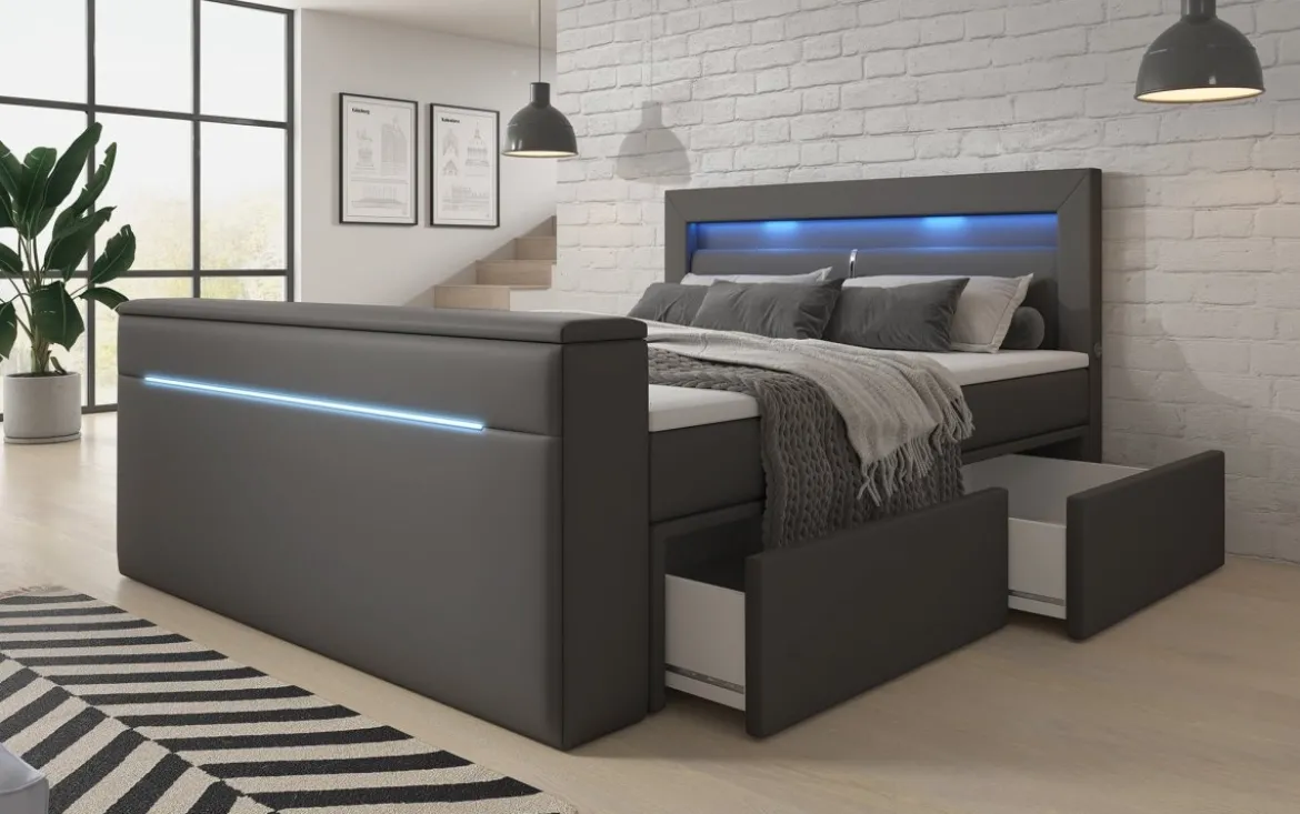 Boxspringbett Rinori mit TV Lift, USB, LED und Stauraum