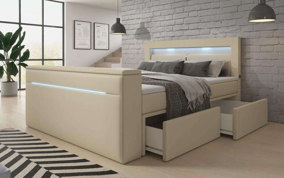 Boxspringbett Rinori mit TV Lift, USB, LED und Stauraum
