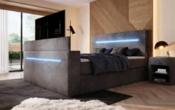 Boxspringbett Sejour mit TV Lift, RGB und Stauraum in Cord