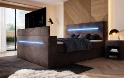 Boxspringbett Sejour mit TV Lift, RGB und Stauraum in Cord