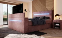 Boxspringbett Sejour mit TV Lift, RGB und Stauraum in Cord