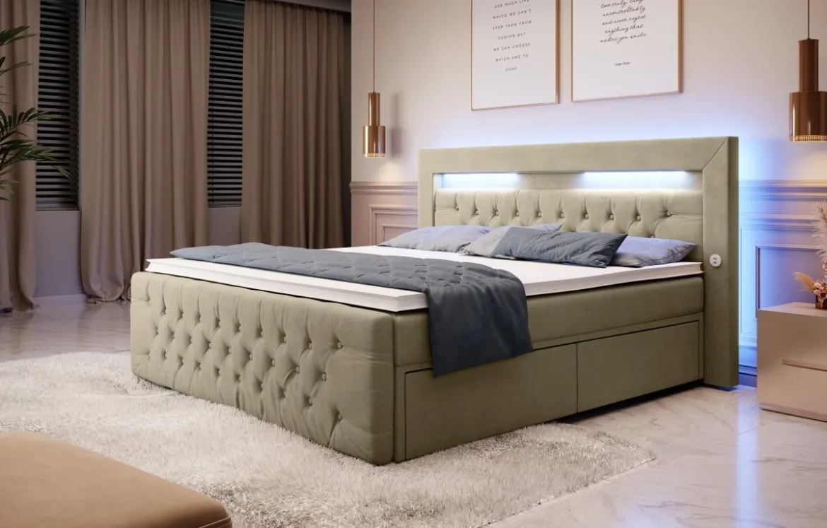 Boxspringbett Sunshine mit indirekter Beleuchtung, USB und Stauraum