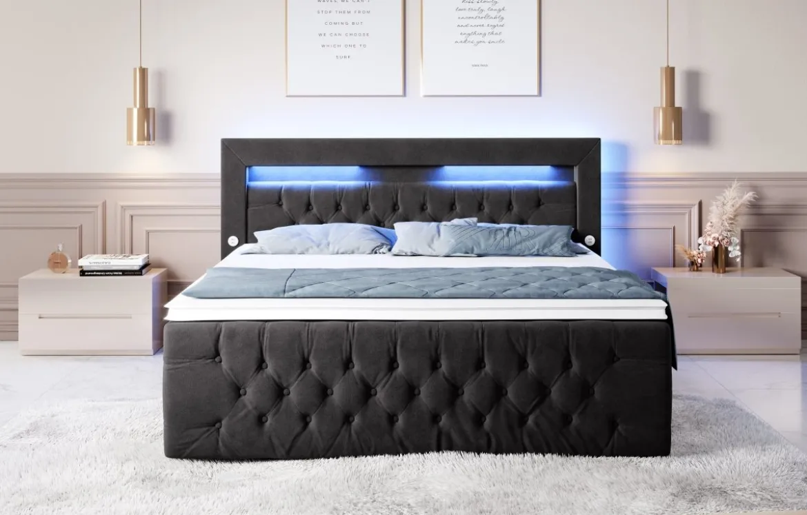 Boxspringbett Sunshine mit indirekter Beleuchtung, USB und Stauraum