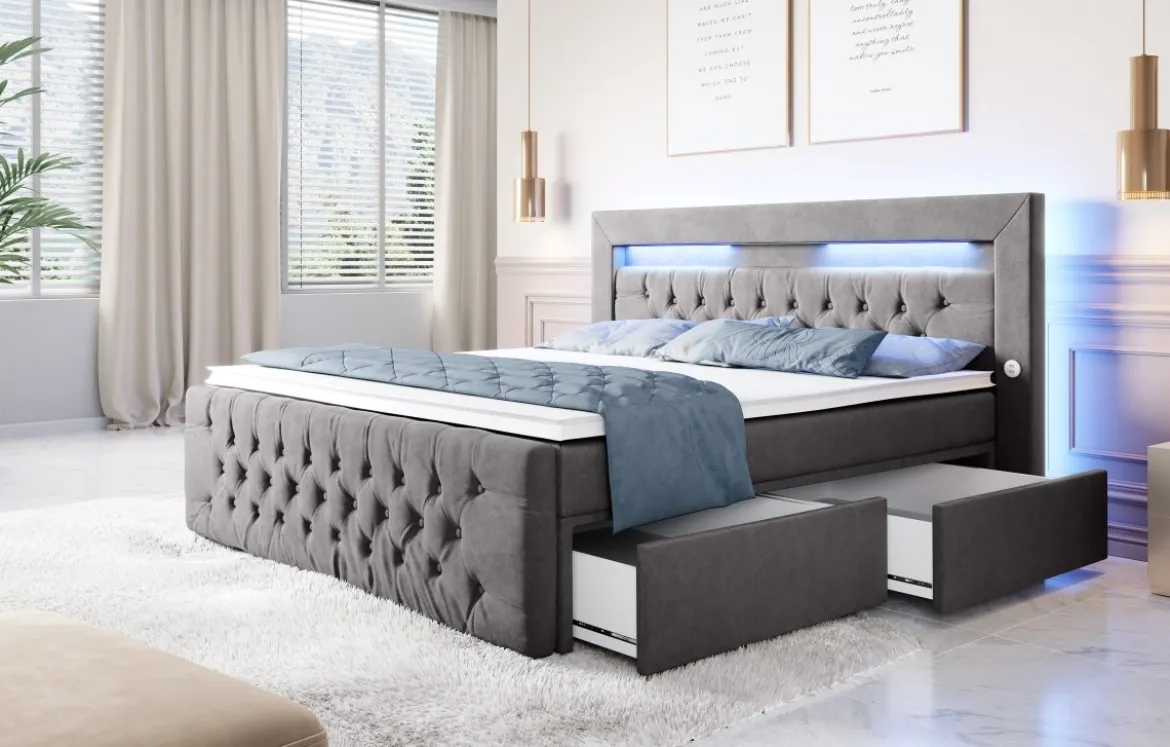 Boxspringbett Sunshine mit indirekter Beleuchtung, USB und Stauraum