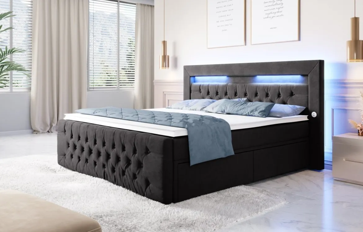 Boxspringbett Sunshine mit indirekter Beleuchtung, USB und Stauraum