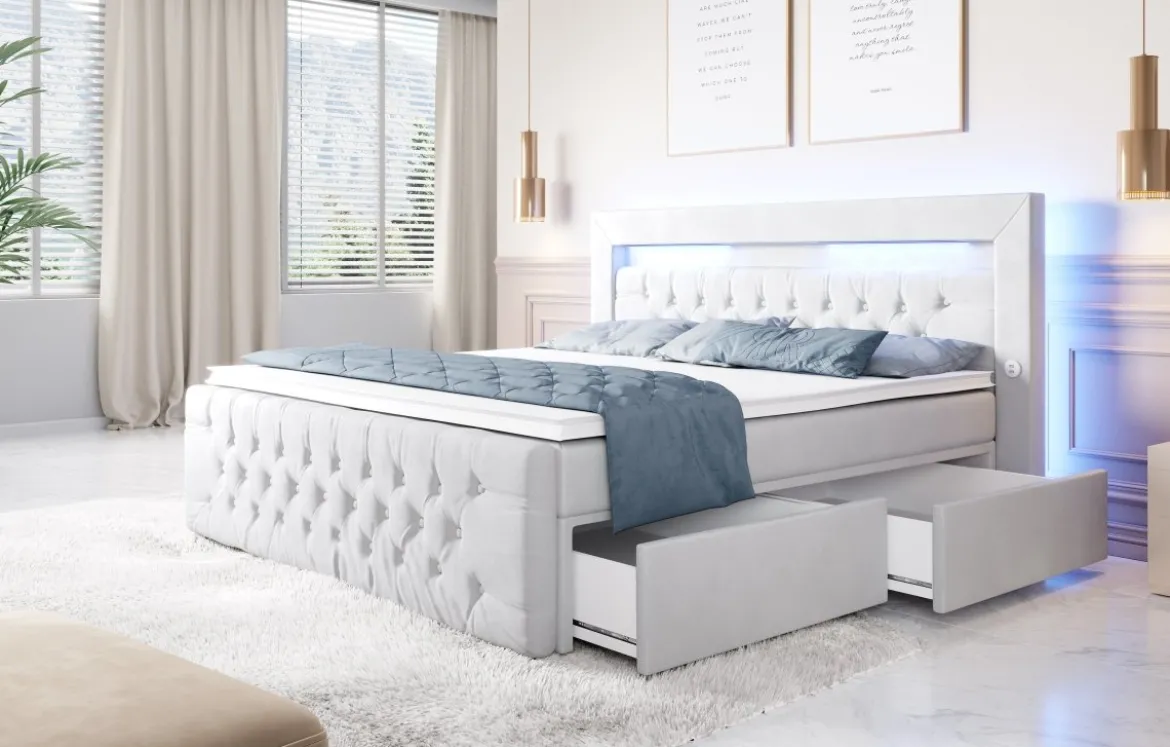Boxspringbett Sunshine mit indirekter Beleuchtung, USB und Stauraum