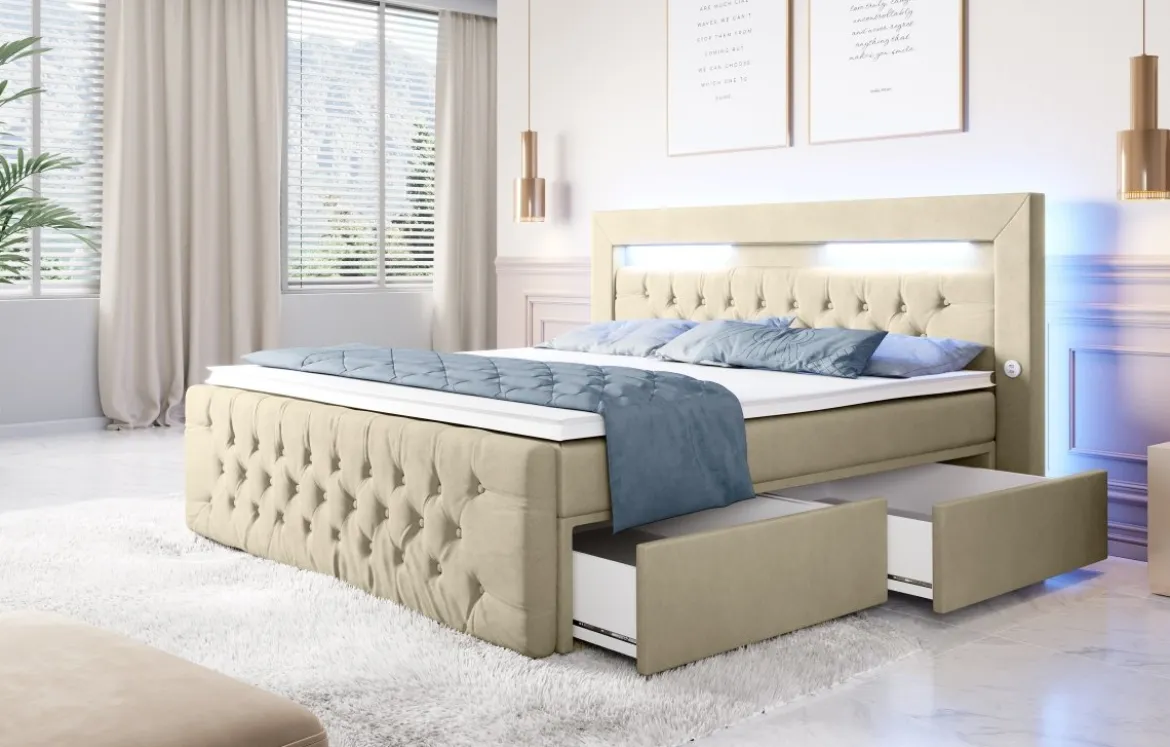 Boxspringbett Sunshine mit indirekter Beleuchtung, USB und Stauraum