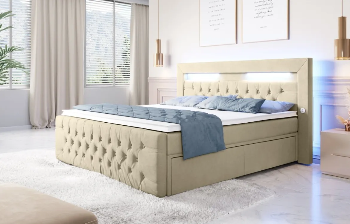 Boxspringbett Sunshine mit indirekter Beleuchtung, USB und Stauraum