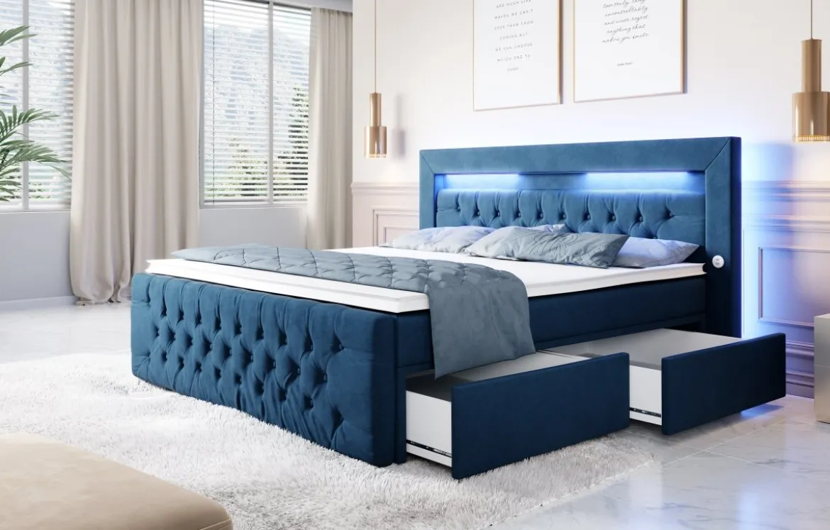 Boxspringbett Sunshine mit indirekter Beleuchtung, USB und Stauraum