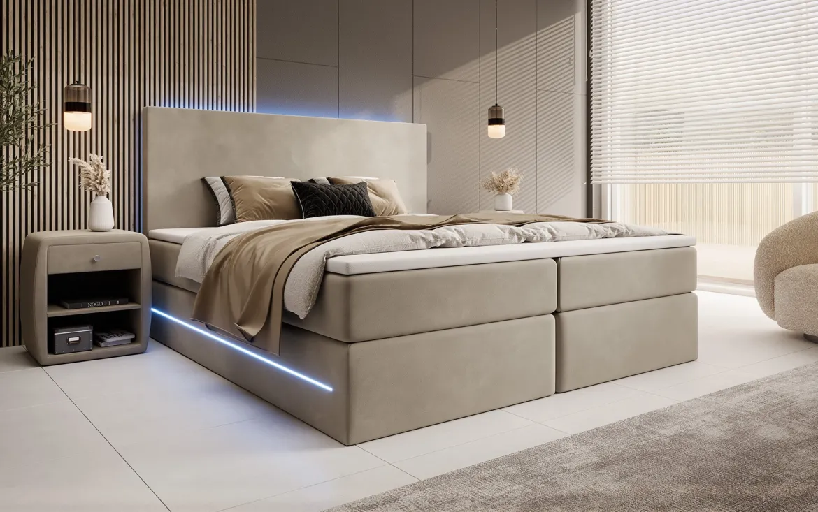 Boxspringbett Voyage mit LED u. Stauraum in Samt
