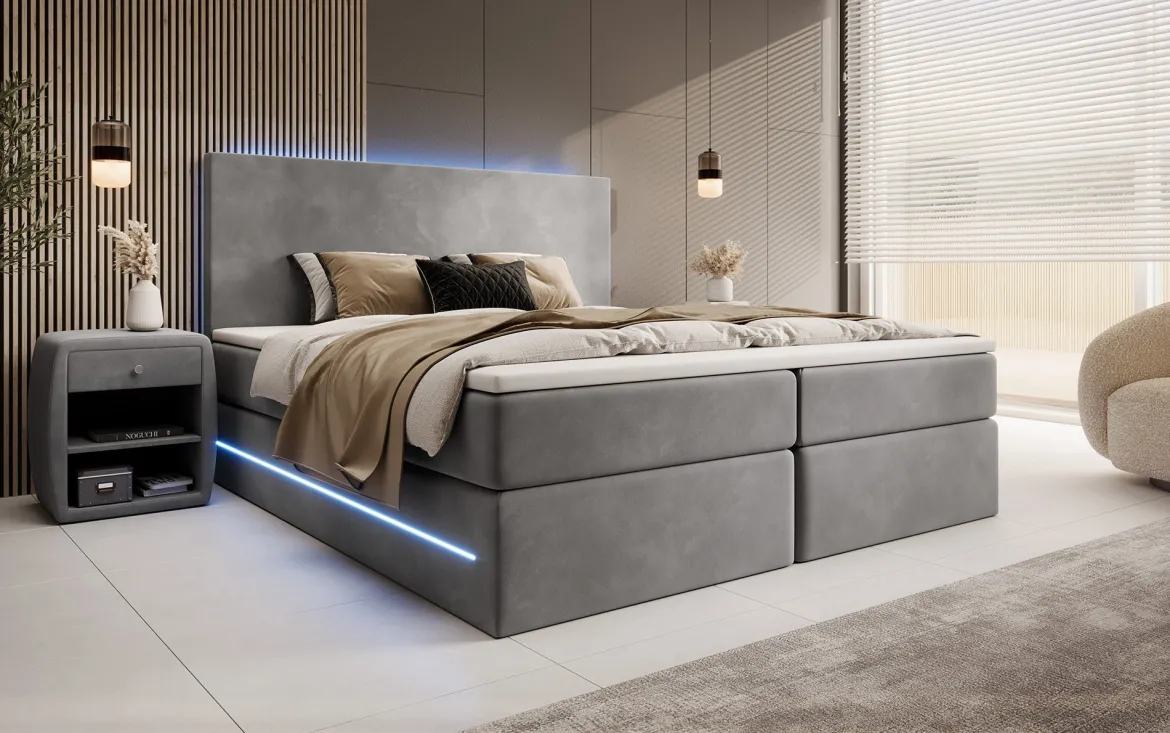 Boxspringbett Voyage mit LED u. Stauraum in Samt