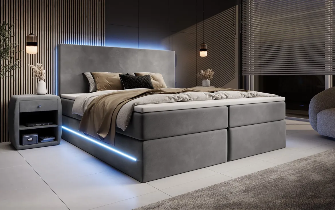 Boxspringbett Voyage mit LED u. Stauraum in Samt