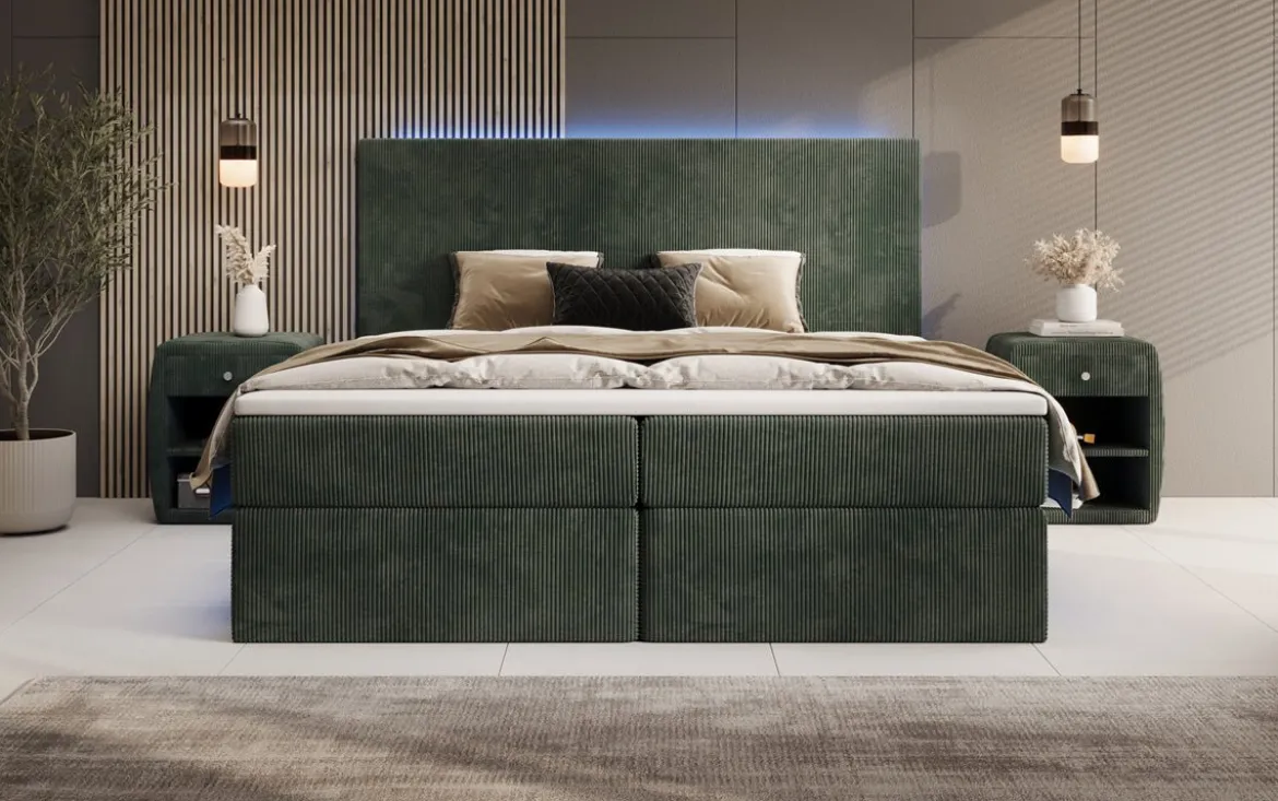 Boxspringbett Voyage mit LED u. Stauraum in Cord