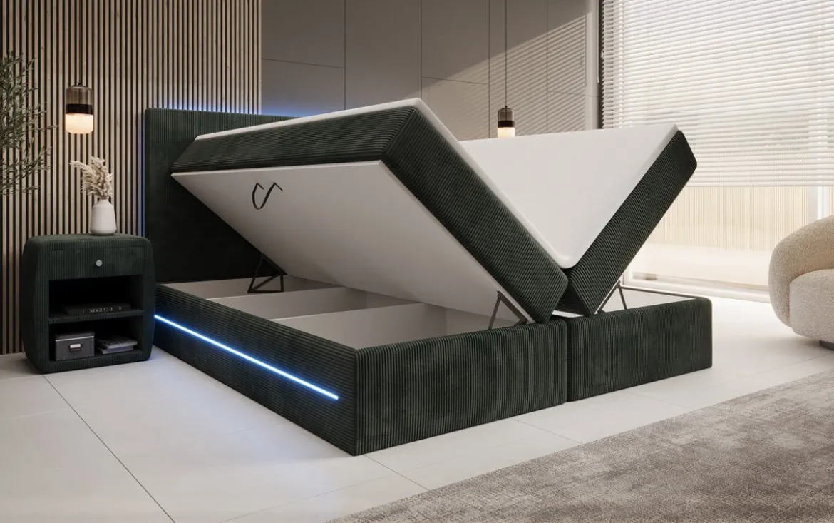 Boxspringbett Voyage mit LED u. Stauraum in Cord